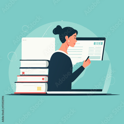 Woman studying online with laptop and books focused on learning.