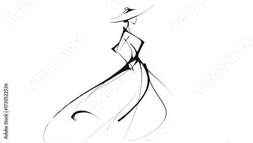 Elegant woman in flowing dress illustrated with minimalist lines  no background