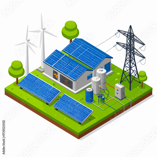 Conceptual isometric illustration of a renewable energy system featuring solar panels, wind turbines, and electricity grid infrastructure for sustainable power