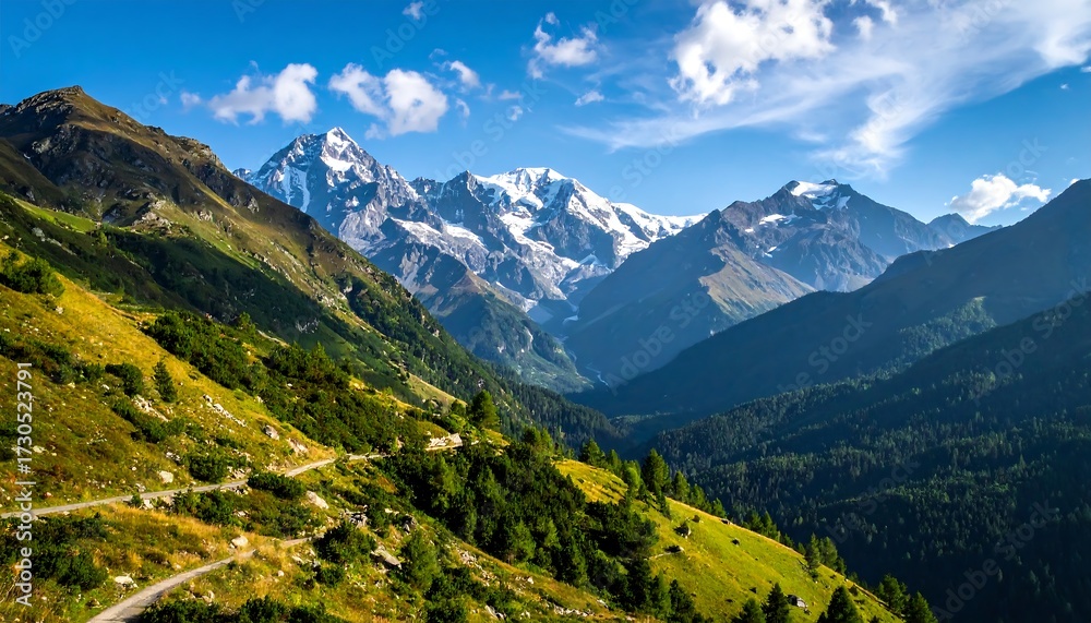 Fototapeta premium Panoramic view of a mountain range with a winding road alongside verdant slopes