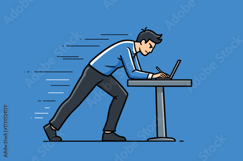 Man typing rapidly on laptop at a desk with motion lines, man, typing, laptop, computer, desk, working, fast, speed, motion, lines, blue background, cartoon, illustration, character, business, technol