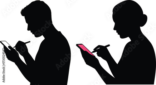 People silhouettes using smartphones and stylus on white background, people, silhouette, smartphone, stylus, white, background, mobile, technology, user, digital, device, communication, touch, screen,
