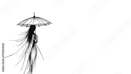 Woman with long hair holding an umbrella in silhouette art style no background 