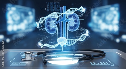 A futuristic medical screen with a kidney and DNA structure, with a stethoscope and a computer monitor in the background.