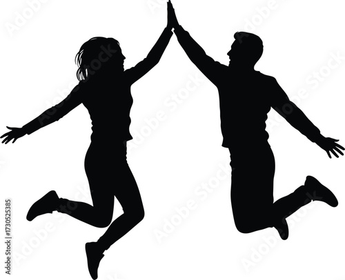 Silhouette of a man and woman high-fiving while jumping, silhouette, man, woman, jumping, high five, celebration, success, happiness, joy, energy, movement, freedom, teamwork, partnership, friendship,