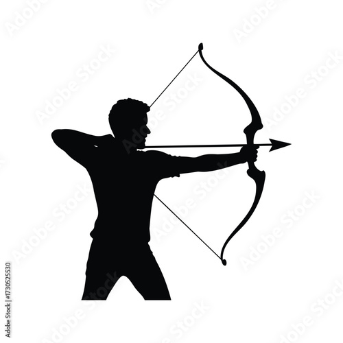 Silhouette of archer with bow and arrow poised to shoot target clearly, archery bow silhouette vector illustration