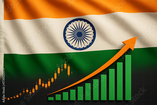 Indian economic growth concept showing national flag with rising stock market trading chart and financial success development