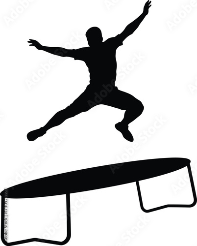 Silhouette of a man jumping on a trampoline athletic, jumping, trampoline, silhouette, man, athletic, action, sport, fitness, exercise, movement, energy, dynamic, leap, airborne, active, recreation, f