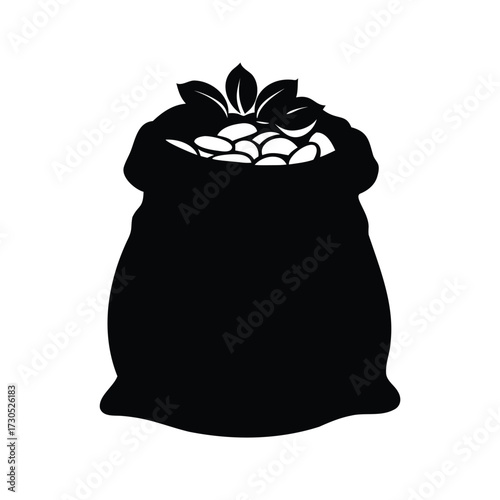 A full black sack with leaves containing nuts or coffee beans, coffee beans in bag silhouette vector illustration