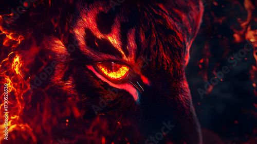 Close-up view of a beast's face engulfed in fiery flames, showcasing intense, glowing eyes.