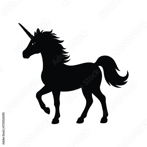 A majestic unicorn prances in a magical realm, a symbol of grace, happy unicorn silhouette vector illustration