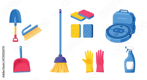 A collection of household cleaning tools and supplies.