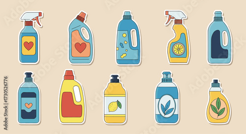 A collection of cleaning supplies and disinfectants in various colorful bottles.