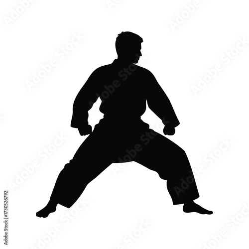 Silhouette of a martial artist in a fighting stance, ready to strike, martial artist in traditional gi silhouette vector illustration