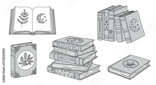 A collection of books and manuscripts depicting various themes and designs.
