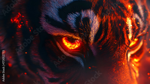 Close-up view of a tiger's face with fiery orange eyes, set against a backdrop of fire and dark hues.  The tiger's stripes and fur are rendered in detail.