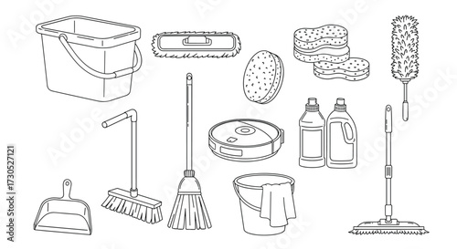 A collection of cleaning supplies and tools for home maintenance.