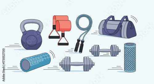 A collection of pixel art fitness equipment on a white background.