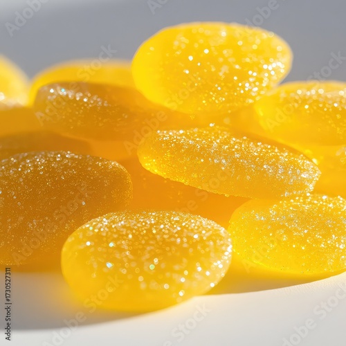 Sparkling macro close-up of yellow sugar-coated jelly drops in a bright pile