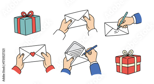 A collection of hand drawn illustrations of gifts and envelopes.