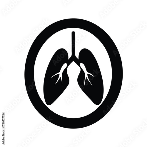 Black lungs within a circle, representing respiratory system health and medicine, no smoking icon with lungs silhouette vector illustration