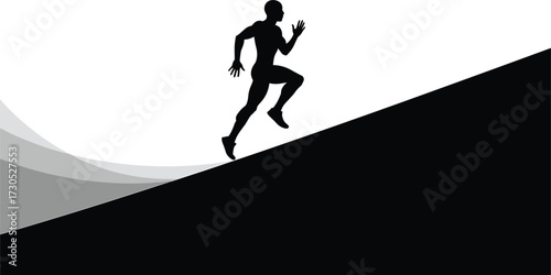 Silhouette of Man Running Uphill on Black and White Graphic, runner, running, uphill, silhouette, man, sport, fitness, graphic, abstract, motion, speed, energy, determination, challenge, climb, progre