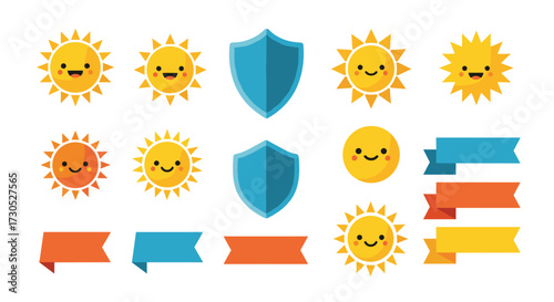 Cute suns shields and ribbons vector illustration