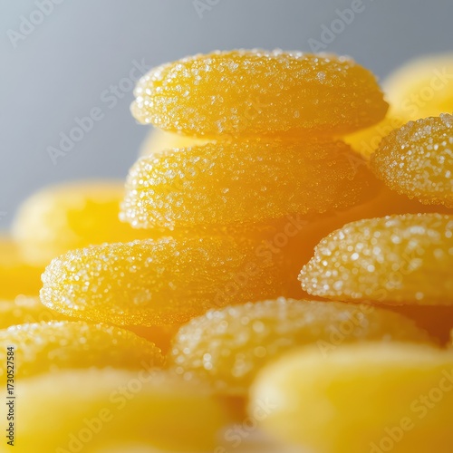 Stacked bright yellow sugar-coated gummy slices on a soft gray background