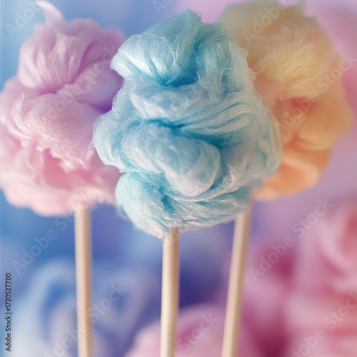 Soft-focus close-up of pastel pink, blue, and yellow cotton candy on sticks