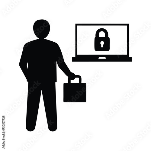 Person carrying briefcase standing next to secured laptop, indicating data protection, person accessing secure system silhouette vector illustration