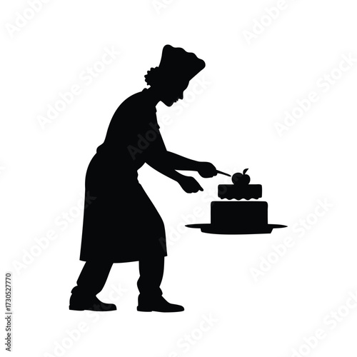 Silhouette of a chef decorating a two tiered cake with an apple, person baking cake silhouette vector illustration