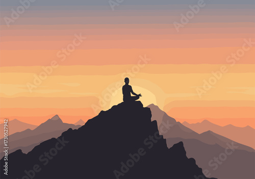 Silhouette of person meditating on mountain peak during sunset, meditation, silhouette, person, man, woman, meditating, yoga, zen, peace, calm, relaxation, mindfulness, spiritual, wellness, health, ex