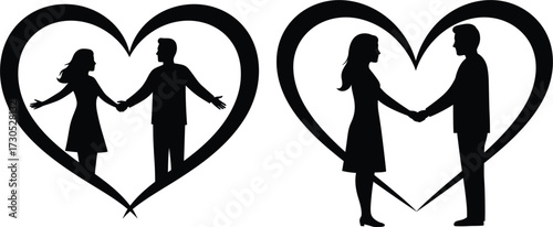 Silhouettes of couples holding hands within heart shapes silhouette, couple, love, within, figures, description:, keywords:, hearts, design, white, vector, black, adult, relationship, silhouettes, sil