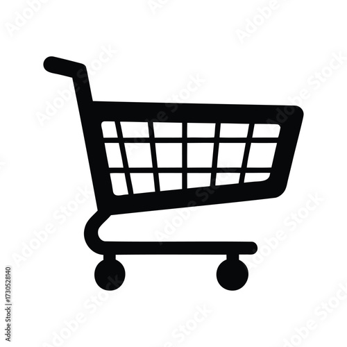 A simple black shopping cart icon on a plain white background, shopping cart in supermarket aisle silhouette vector illustration