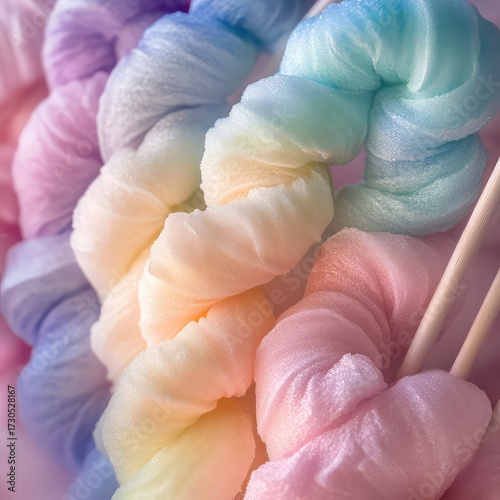 Macro close-up of braided rainbow pastel cotton candy twists on sticks