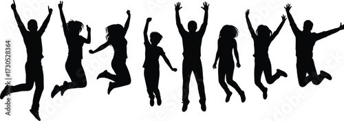 Silhouettes of people jumping together group leaping, silhouette, people, group, jumping, leaping, happy, joy, celebration, fun, freedom, energy, excitement, movement, dynamic, diverse, men, women, ch