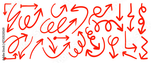 Hand drawn red arrows isolated on white background, direction and navigation