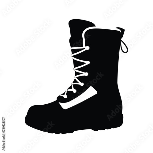 Silhouette of a high topped lace up boot in black and white, snowboard boots silhouette vector illustration