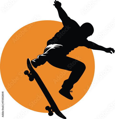 Skateboarder silhouette performing a trick against an orange circle, skateboarder, silhouette, trick, skateboarding, sport, action, jump, air, extreme, athlete, male, person, dynamic, movement, energy