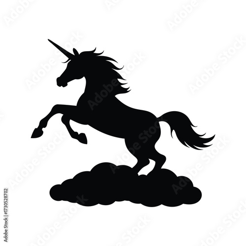 Majestic Unicorn Silhouette Rearing on Clouds, a Fantasy Creature on White, unicorn jumping over clouds silhouette vector illustration