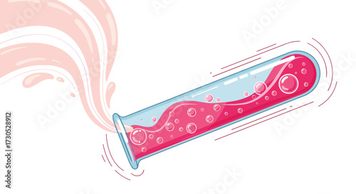 A bubbling pink liquid splashes out of a tilted test tube.