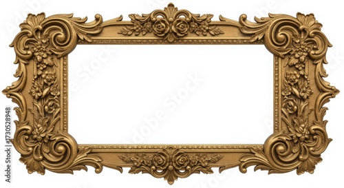Ornate golden picture frame with floral and scroll details isolated PNG with Transparent Background