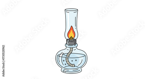 An antique kerosene lamp with a burning wick provides illumination.