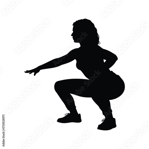Silhouette of a woman performing a squat exercise with outstretched arm forward, woman doing squats silhouette vector illustration