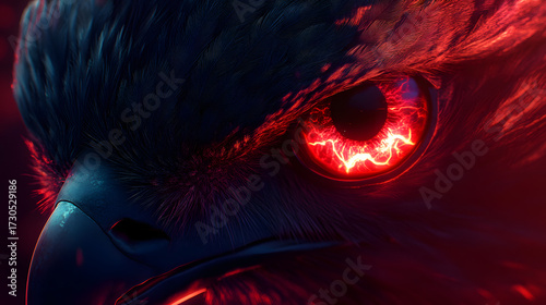 Captivating close-up of a digital rendering of a hawk's head, emphasizing the glowing red eye and dark tones.