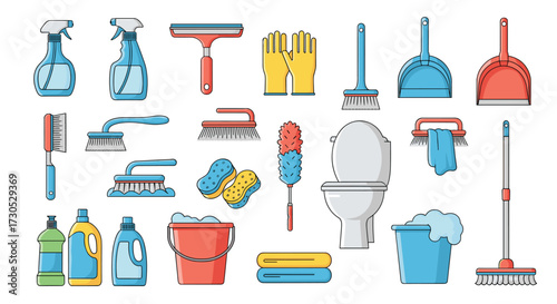 A comprehensive collection of cleaning supplies and tools for household chores.