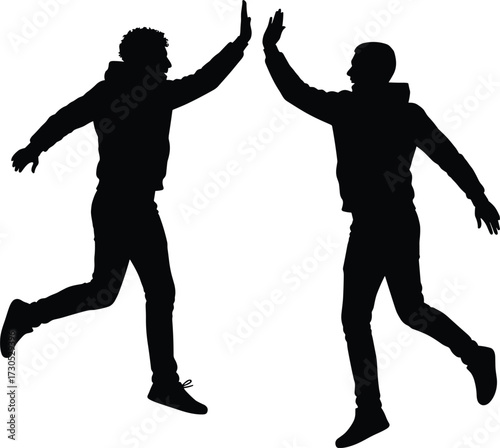 Two men in silhouette giving each other a high five, silhouette, people, two, men, high five, celebration, success, teamwork, friendship, joy, happiness, achievement, winning, greeting, jumping, runni