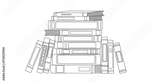 A stack of books with some scattered around on a white background.
