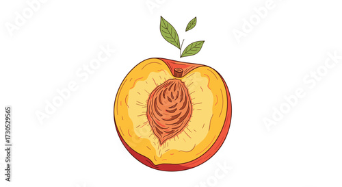 A close up view of a ripe peach cut in half revealing the pit and flesh.