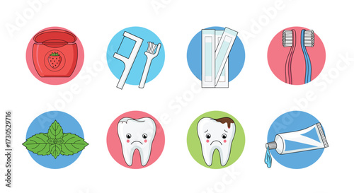 Collection of dental hygiene and oral care items.